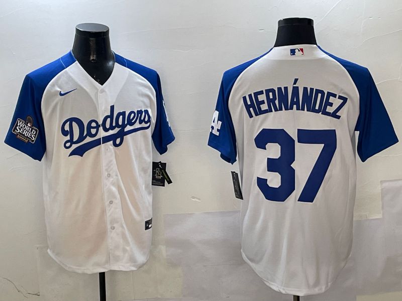 Men Los Angeles Dodgers 37 Hernandez White Blue Fashion Game 2025 Nike MLB Jersey style 2